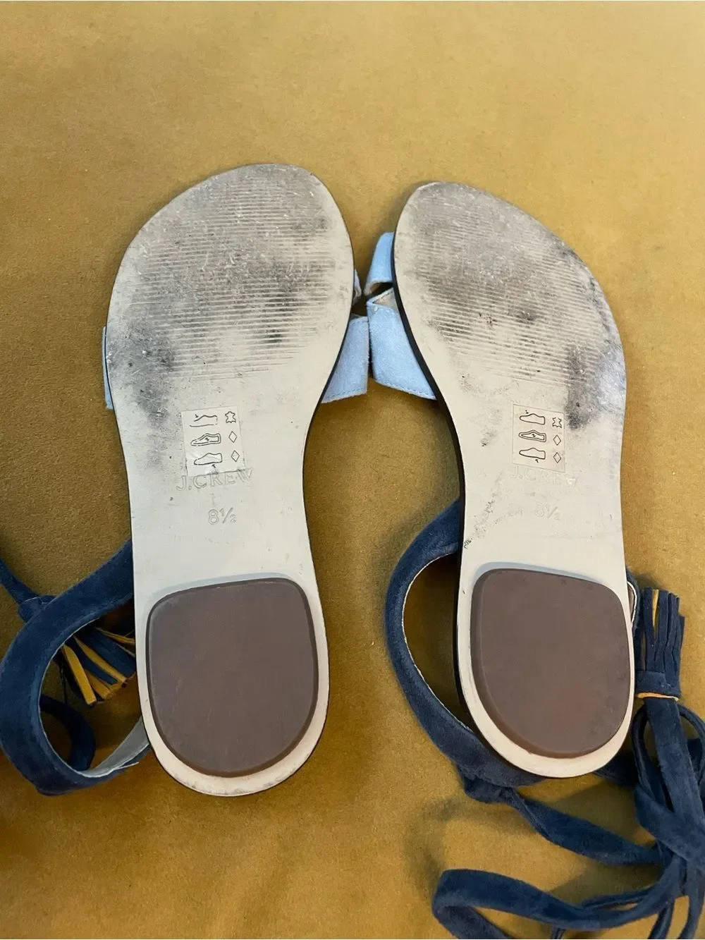 J Crew Blue Suede Ankle Tie Tassel PomPom Sandals 8.5